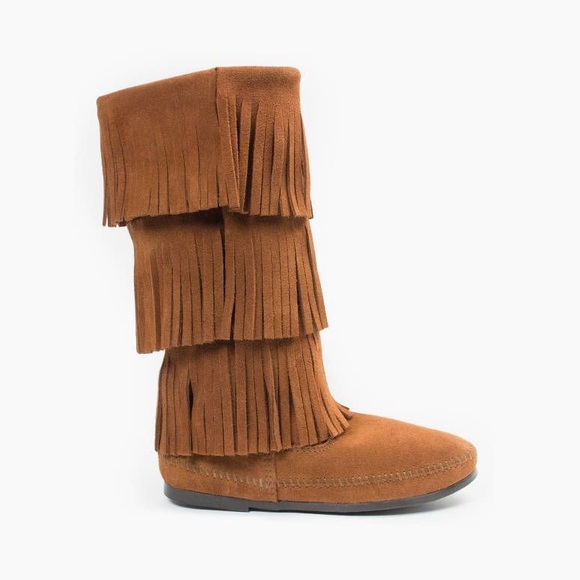 Minnetonka 3 Layer Fringe Boot Size 8 Brown Suede - Picture 2 of 9